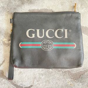 Gucci Black Leather Logo Print Clutch Bag
